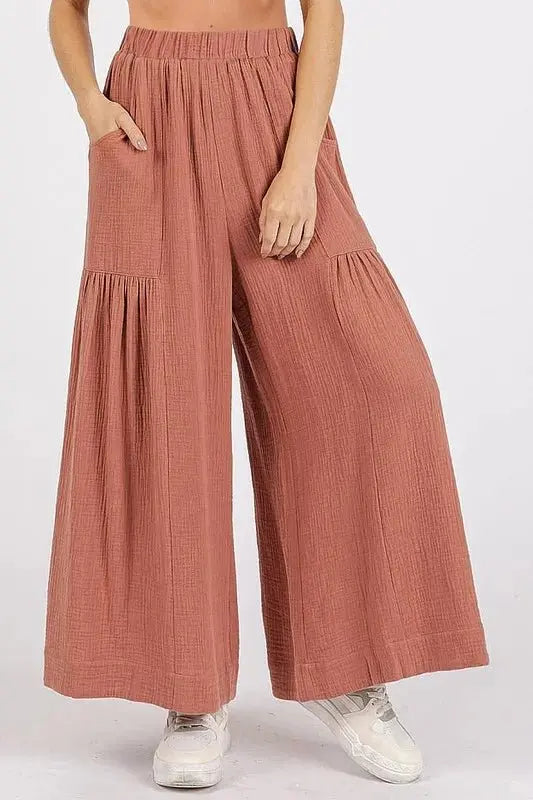 Mittoshop Gauze Elastic Waist Pleated Wide Leg Pants Women - Love Salve 