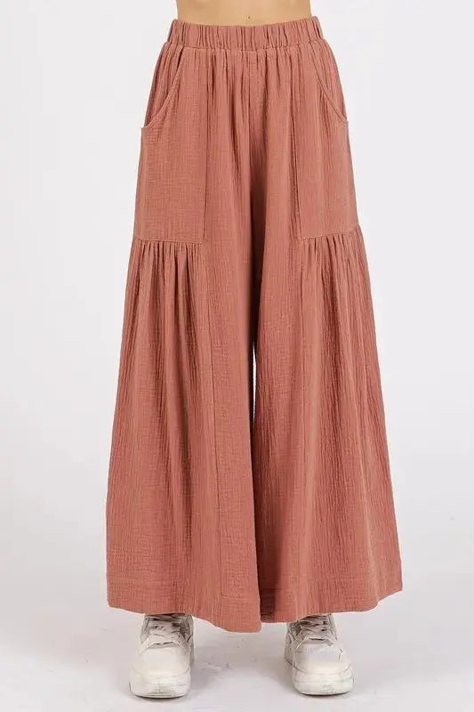 Mittoshop Gauze Elastic Waist Pleated Wide Leg Pants Women - Love Salve 