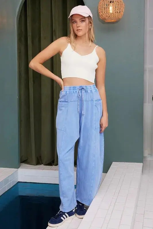 Mittoshop Mineral Wash Elastic Waist Barrel Leg Baggy Pants - Love Salve 