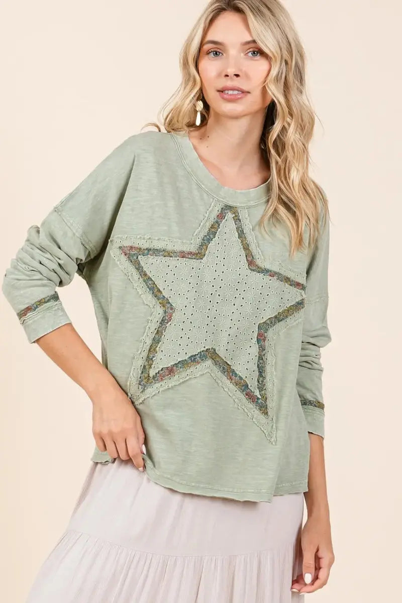 Mittoshop Mineral Wash Star Patch Long Sleeve T-Shirt for Women - Love Salve 