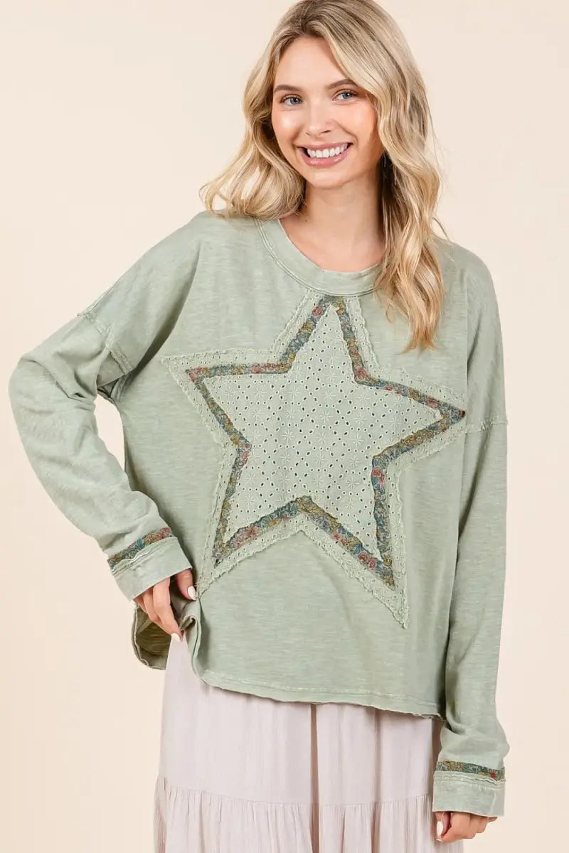 Mittoshop Mineral Wash Star Patch Long Sleeve T-Shirt for Women - Love Salve 