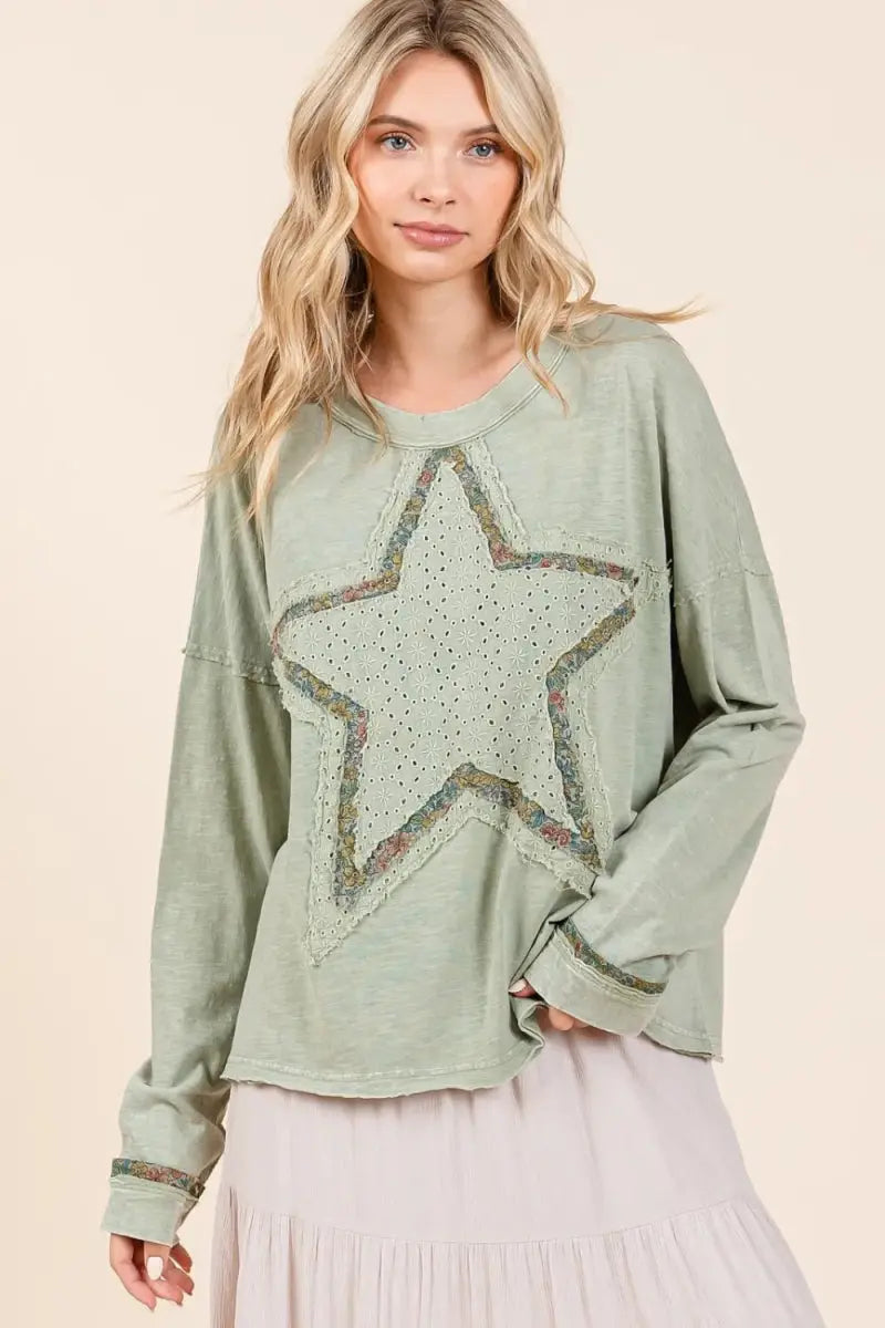 Mittoshop Mineral Wash Star Patch Long Sleeve T-Shirt for Women - Love Salve 
