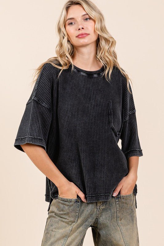 Mittoshop Mineral Wash Waffle Knit Short Sleeve Top for Women - Love Salve 