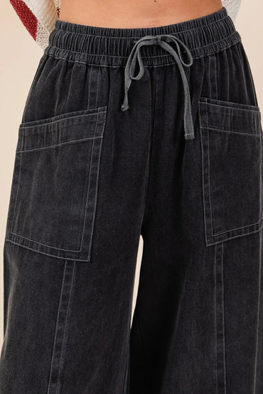 Mittoshop Mineral Wash Wide Leg Elastic Waist Twill Pants - Love Salve 