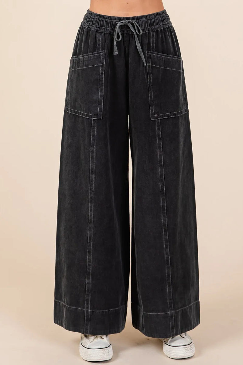Mittoshop Mineral Wash Wide Leg Elastic Waist Twill Pants - Love Salve 