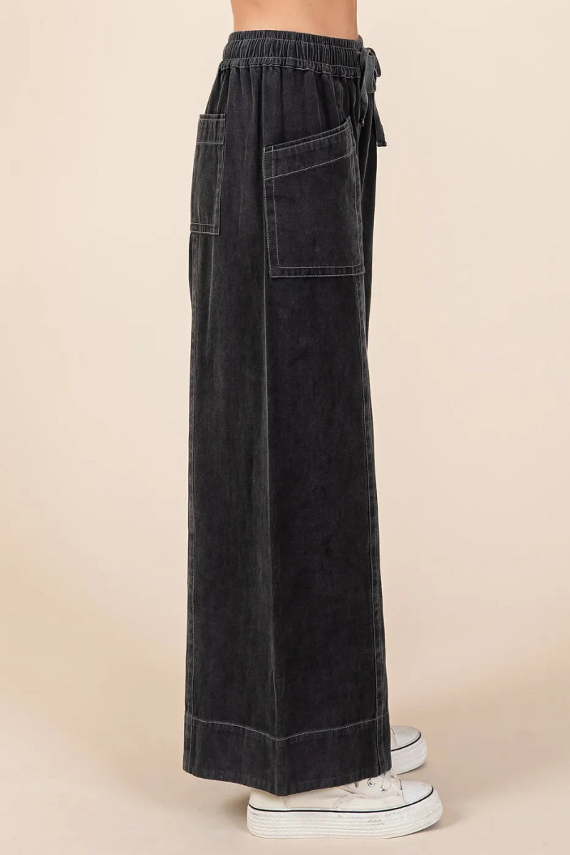 Mittoshop Mineral Wash Wide Leg Elastic Waist Twill Pants - Love Salve 
