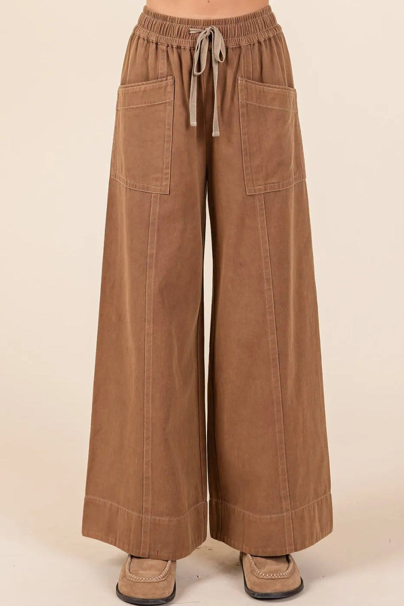 Mittoshop Mineral Wash Wide Leg Elastic Waist Twill Pants - Love Salve 