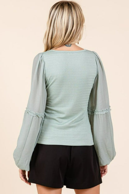 Mittoshop Mixed Media Textured Knit Chiffon Long Sleeve Top - Love Salve 