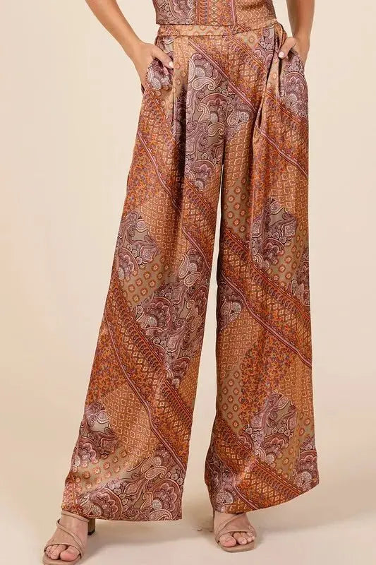 Mittoshop Paisley Patchwork Print Satin Wide Leg Pants - Love Salve 