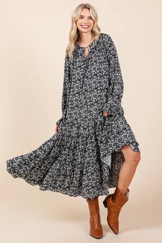 Mittoshop Printed Tie Neck Flounce Sleeve Midi Dress for Women - Love Salve 