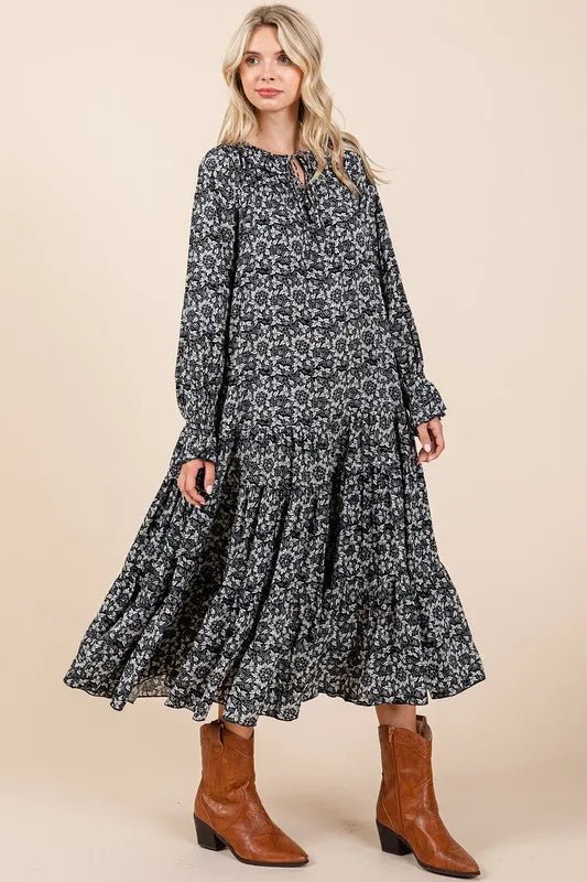 Mittoshop Printed Tie Neck Flounce Sleeve Midi Dress for Women - Love Salve 