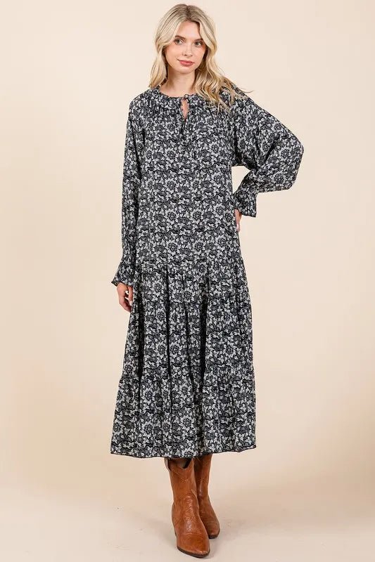 Mittoshop Printed Tie Neck Flounce Sleeve Midi Dress for Women - Love Salve 
