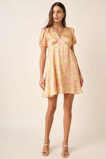 Mittoshop Printed V-Neck Puff Sleeve Mini Dress for Women - Love Salve 