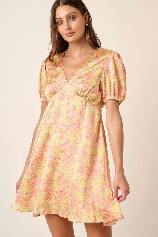 Mittoshop Printed V-Neck Puff Sleeve Mini Dress for Women - Love Salve 