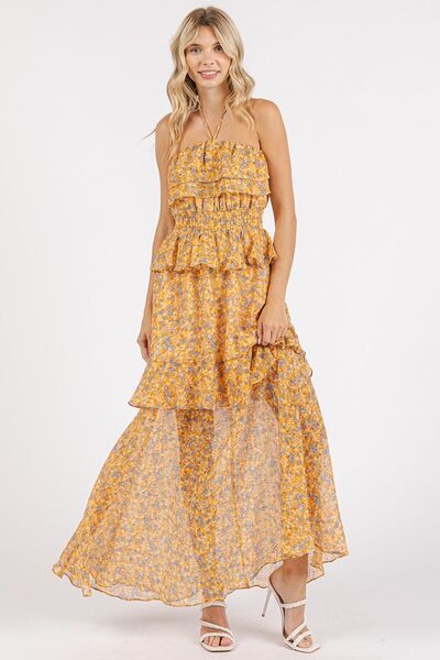 Mittoshop Ruffled Smocked Floral Halter Neck Maxi Dress - Love Salve 
