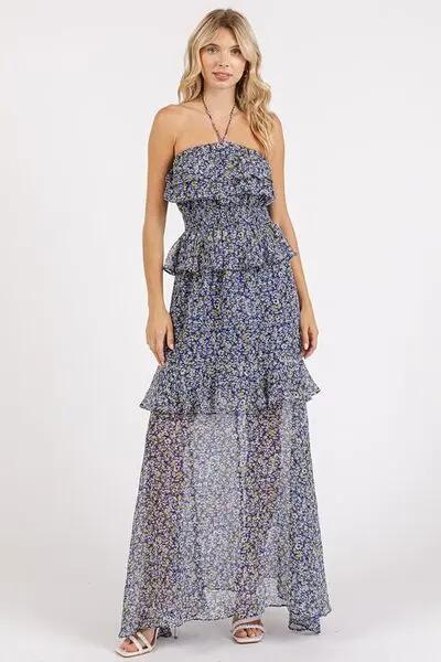 Mittoshop Ruffled Smocked Floral Halter Neck Maxi Dress - Love Salve 