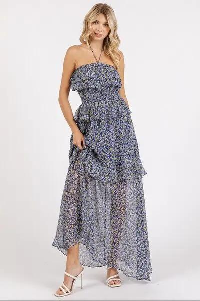 Mittoshop Ruffled Smocked Floral Halter Neck Maxi Dress - Love Salve 