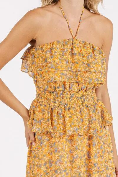 Mittoshop Ruffled Smocked Floral Halter Neck Maxi Dress - Love Salve 