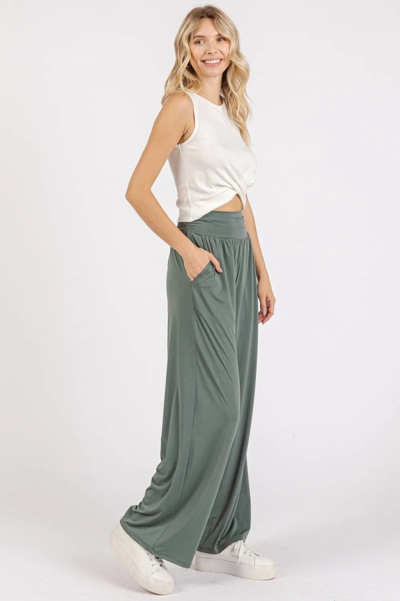 Mittoshop Stretch Banded Waist Wide Leg Pants with Pockets - Love Salve 