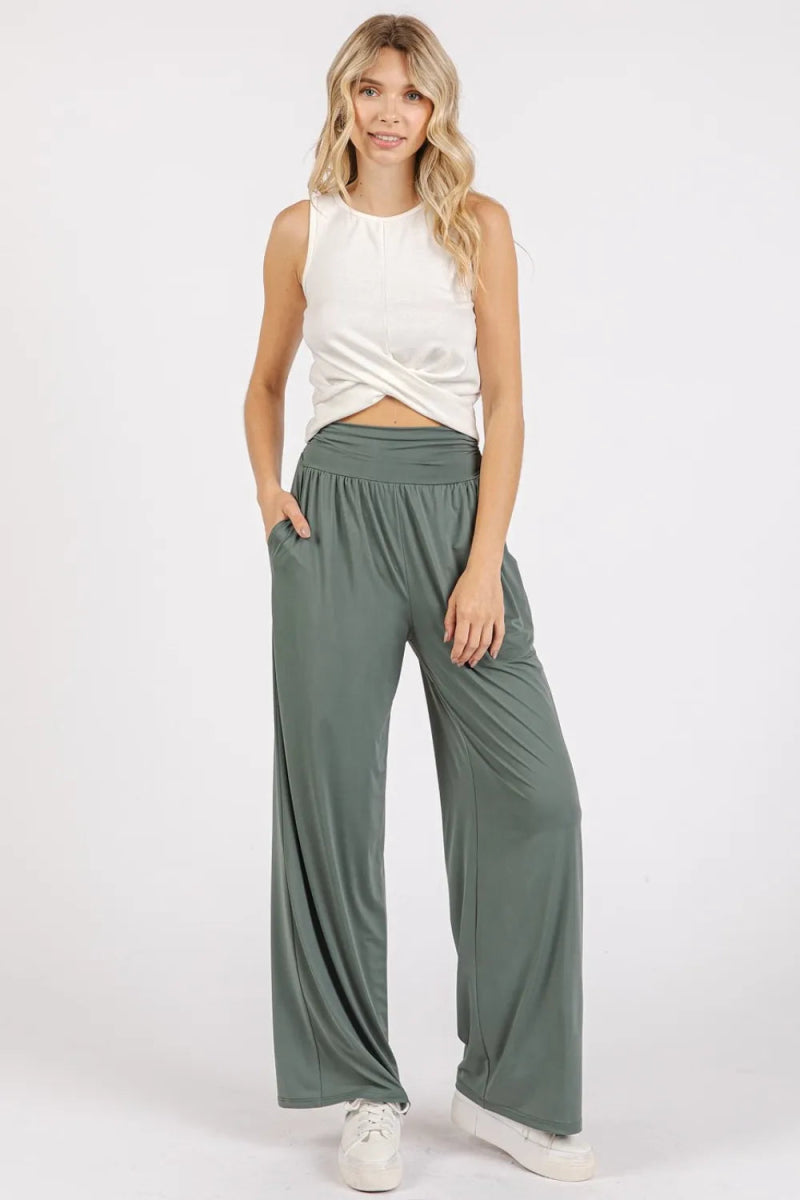 Mittoshop Stretch Banded Waist Wide Leg Pants with Pockets - Love Salve 