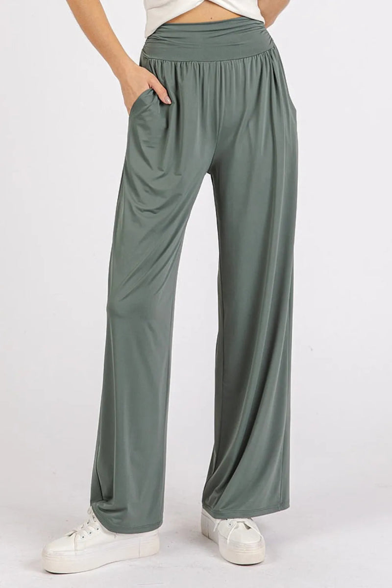 Mittoshop Stretch Banded Waist Wide Leg Pants with Pockets - Love Salve 