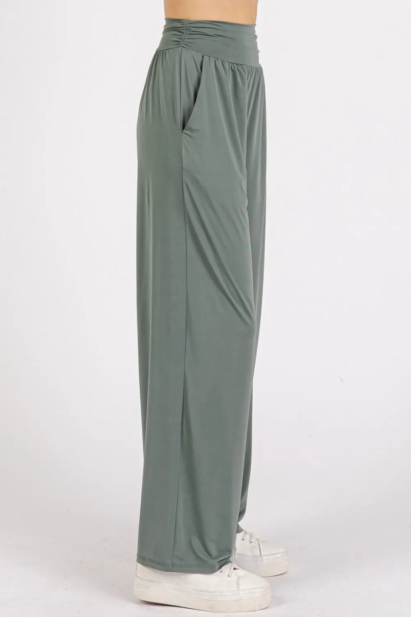 Mittoshop Stretch Banded Waist Wide Leg Pants with Pockets - Love Salve 