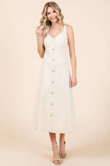 Mittoshop Stretch Twill Decor Button Sleeveless Midi Dress - Love Salve