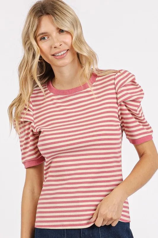 Mittoshop Striped Round Neck Puff Sleeve T-Shirt for Women - Love Salve 