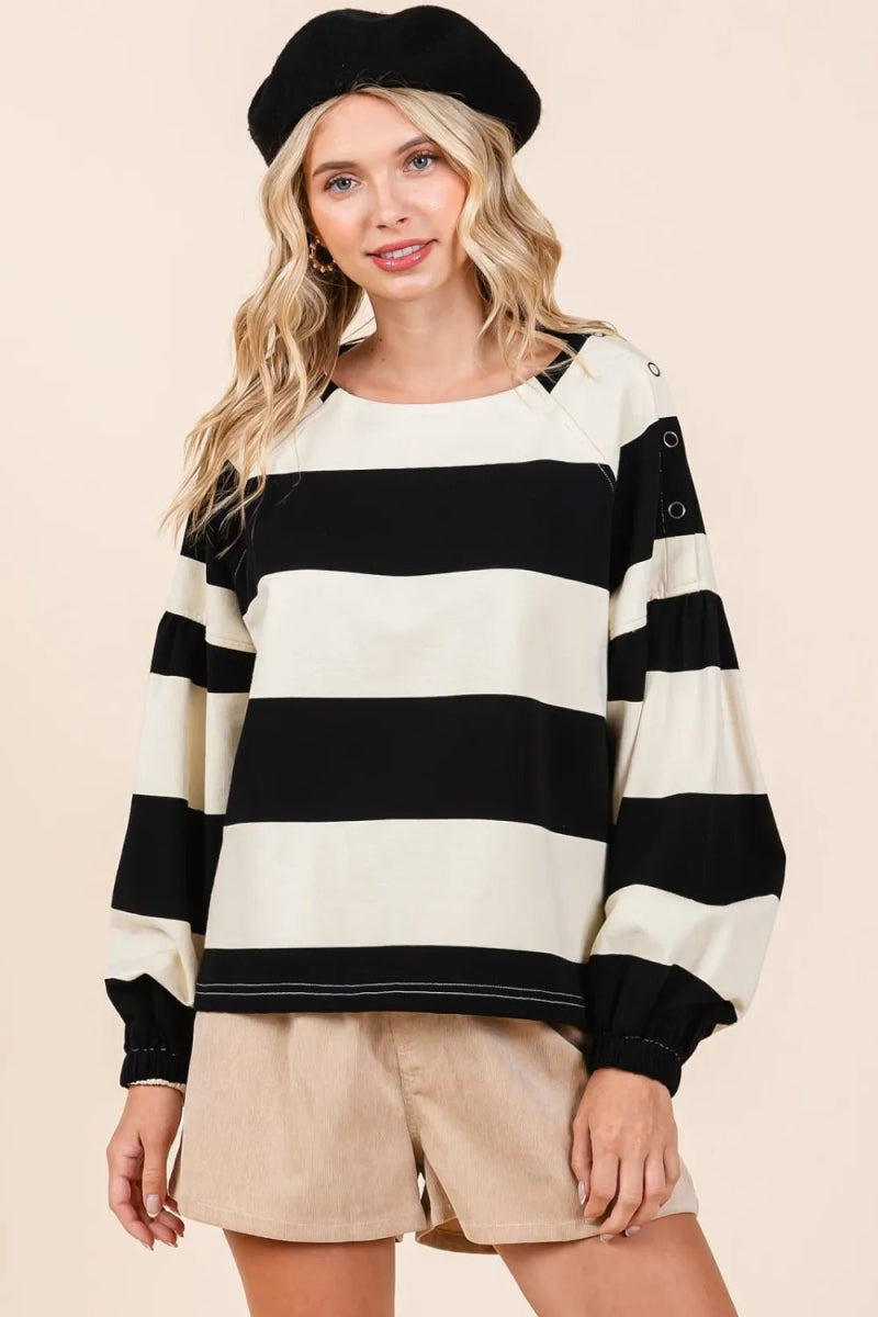 Mittoshop Striped Snap Shoulder Long Sleeve T-Shirt for Women - Love Salve
