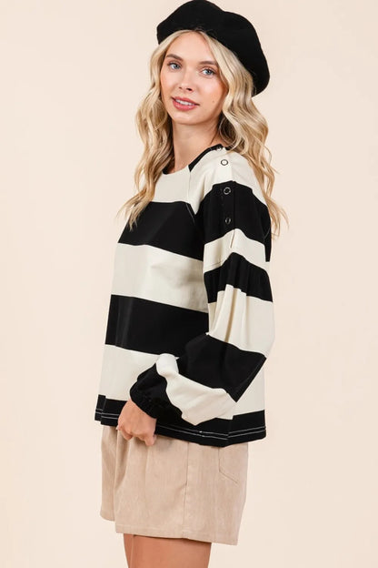 Mittoshop Striped Snap Shoulder Long Sleeve T-Shirt for Women - Love Salve