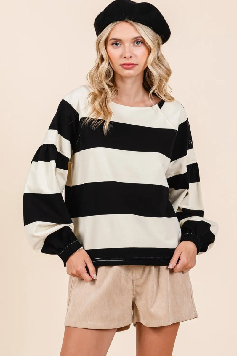 Mittoshop Striped Snap Shoulder Long Sleeve T-Shirt for Women - Love Salve