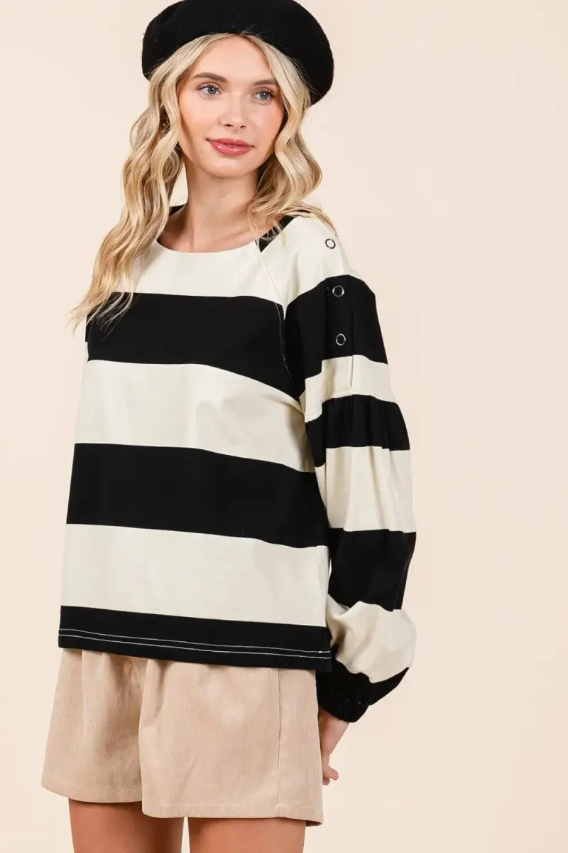 Mittoshop Striped Snap Shoulder Long Sleeve T-Shirt for Women - Love Salve 