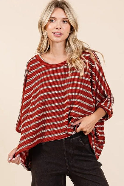 Mittoshop Texture Striped Print Round Neck Dolman Sleeve Top - Love Salve 
