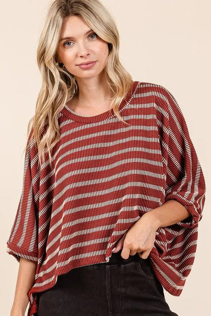 Mittoshop Texture Striped Print Round Neck Dolman Sleeve Top - Love Salve 