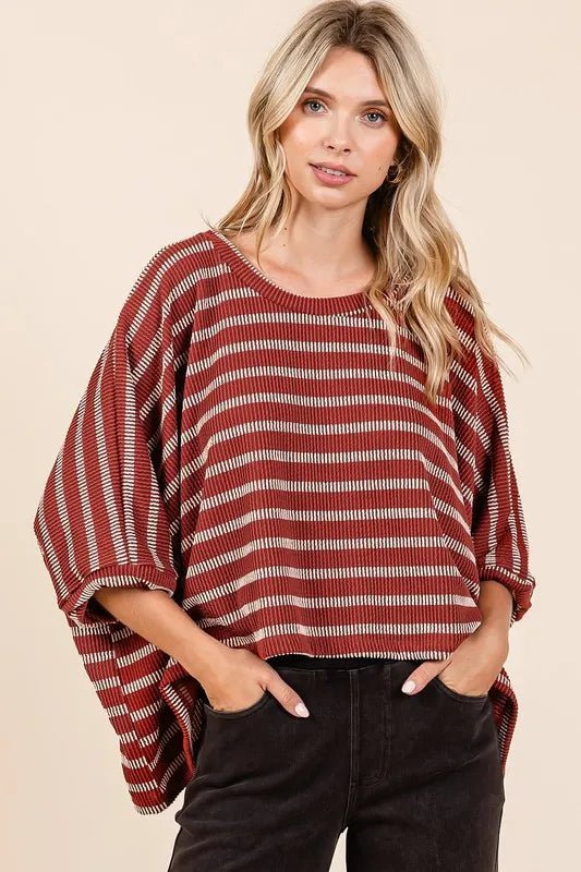 Mittoshop Texture Striped Print Round Neck Dolman Sleeve Top - Love Salve 