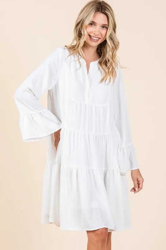 Mittoshop Tiered Notched Flare Sleeve Dress for Women - Love Salve 