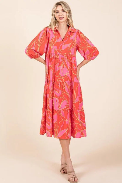 Mittoshop Tiered Printed Collared Neck Midi Dress for Women - Love Salve 