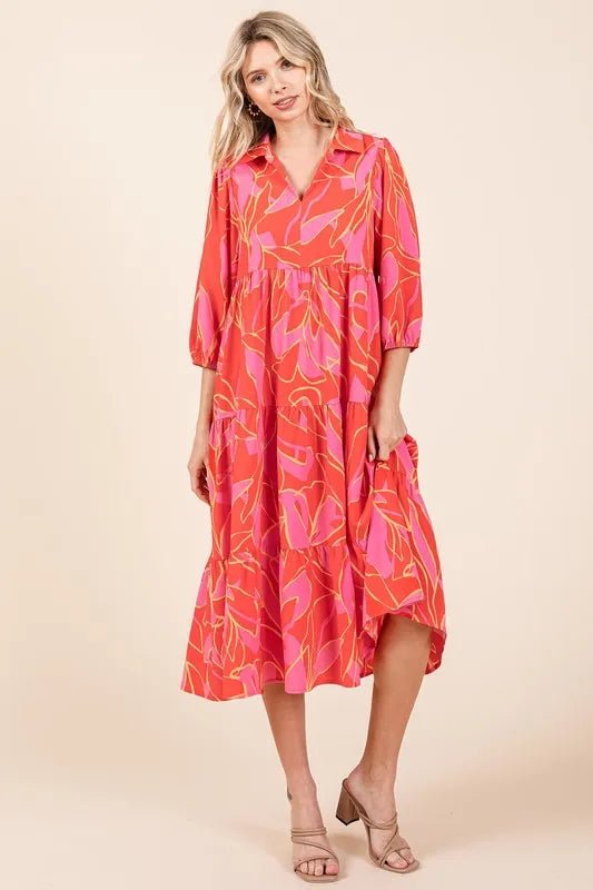 Mittoshop Tiered Printed Collared Neck Midi Dress for Women - Love Salve 