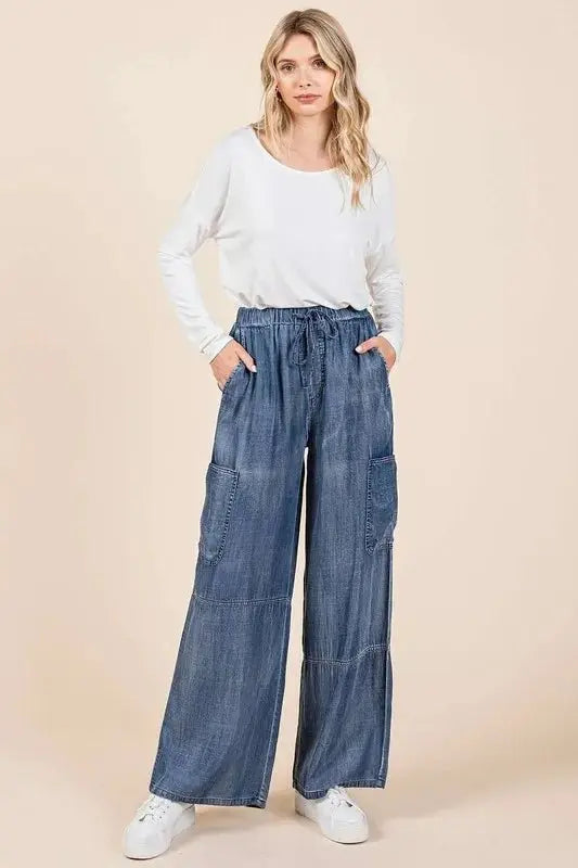 Mittoshop Washed Elastic Waist Cargo Wide Leg Pants Style - Love Salve 