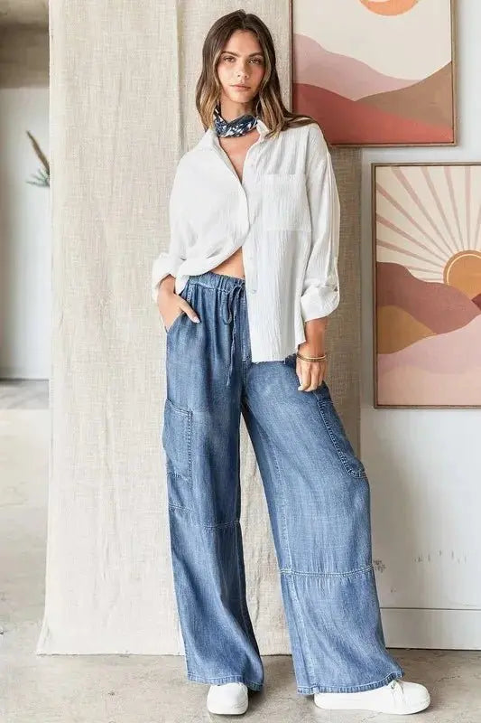 Mittoshop Washed Elastic Waist Cargo Wide Leg Pants Style - Love Salve 