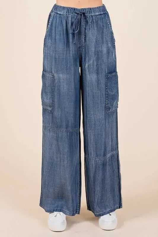 Mittoshop Washed Elastic Waist Cargo Wide Leg Pants Style - Love Salve 