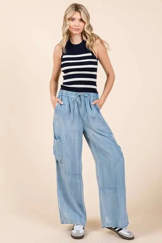 Mittoshop Washed Elastic Waist Cargo Wide Leg Pants Women - Love Salve 