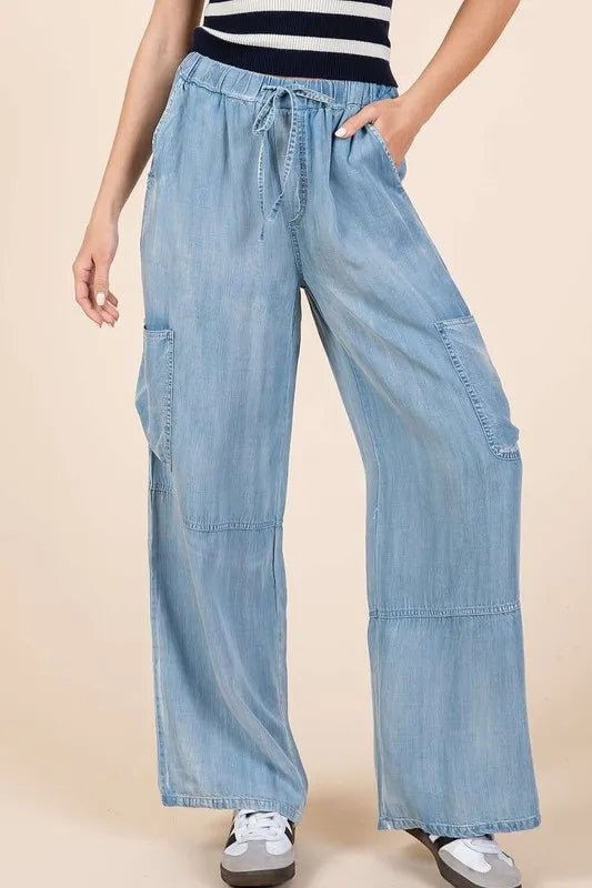 Mittoshop Washed Elastic Waist Cargo Wide Leg Pants Women - Love Salve 