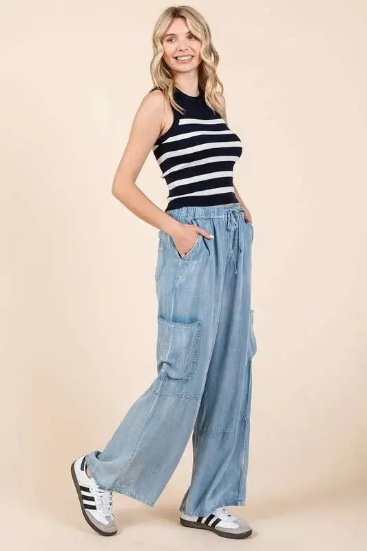 Mittoshop Washed Elastic Waist Cargo Wide Leg Pants Women - Love Salve 