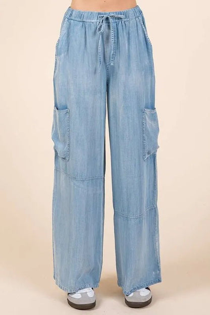 Mittoshop Washed Elastic Waist Cargo Wide Leg Pants Women - Love Salve 