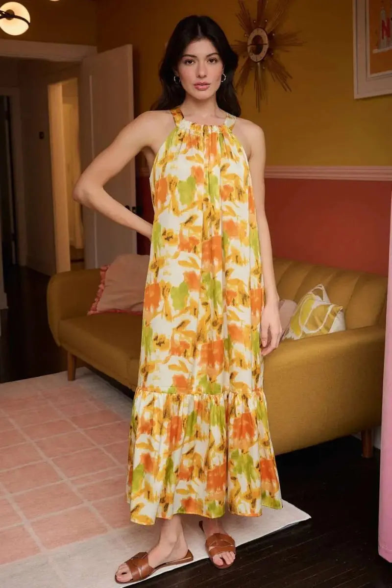 Mittoshop Watercolor Print Halter Neck Satin Maxi Dress - Love Salve 