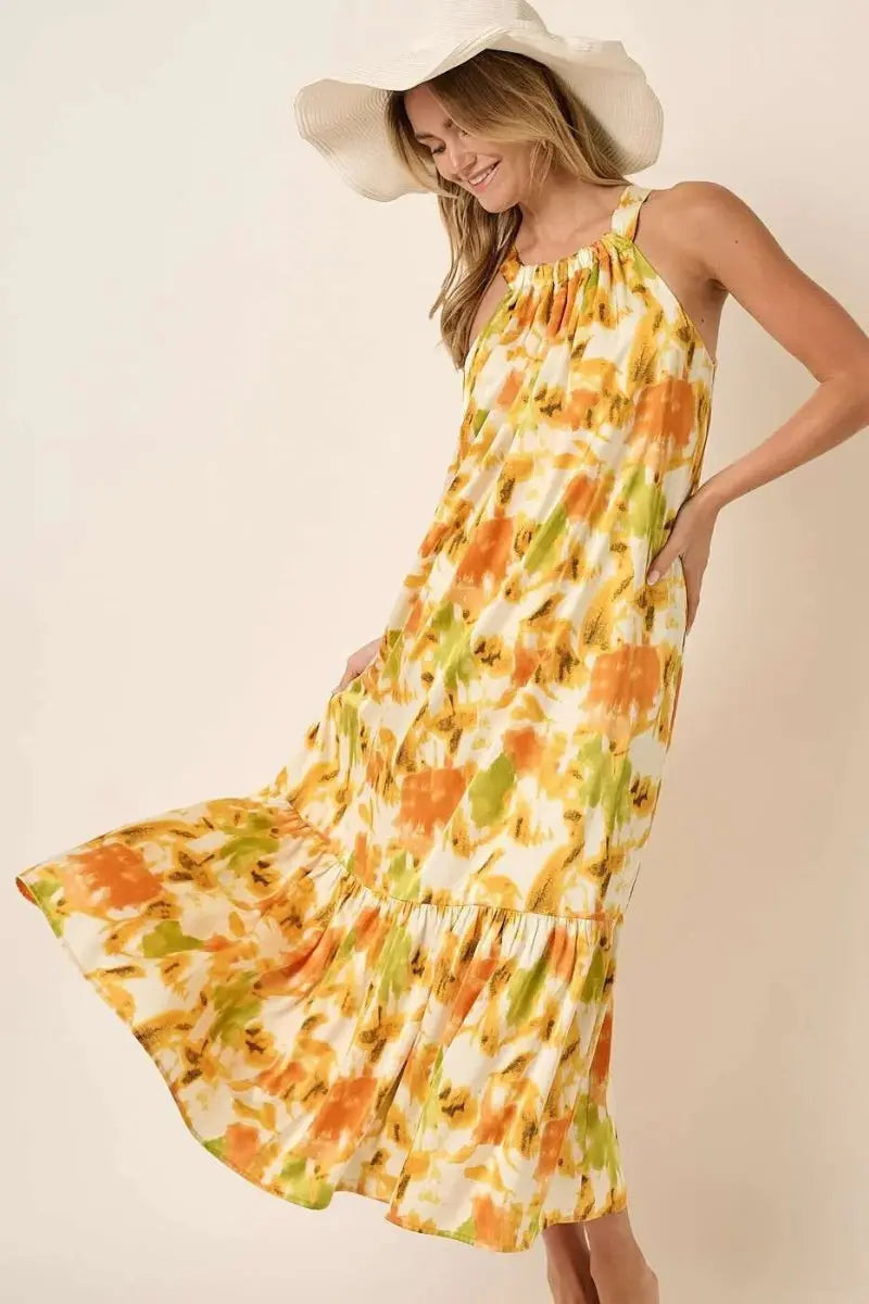 Mittoshop Watercolor Print Halter Neck Satin Maxi Dress - Love Salve 