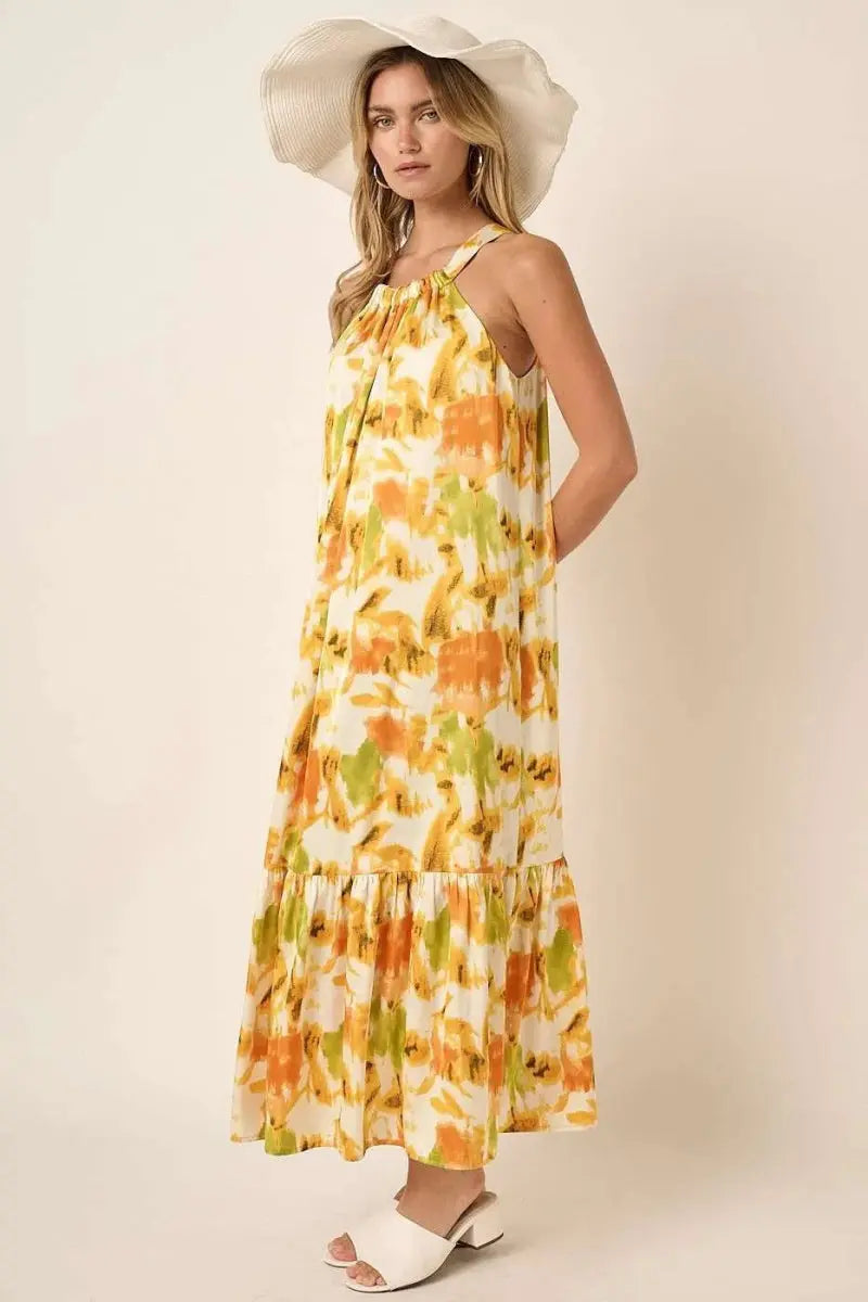 Mittoshop Watercolor Print Halter Neck Satin Maxi Dress - Love Salve 
