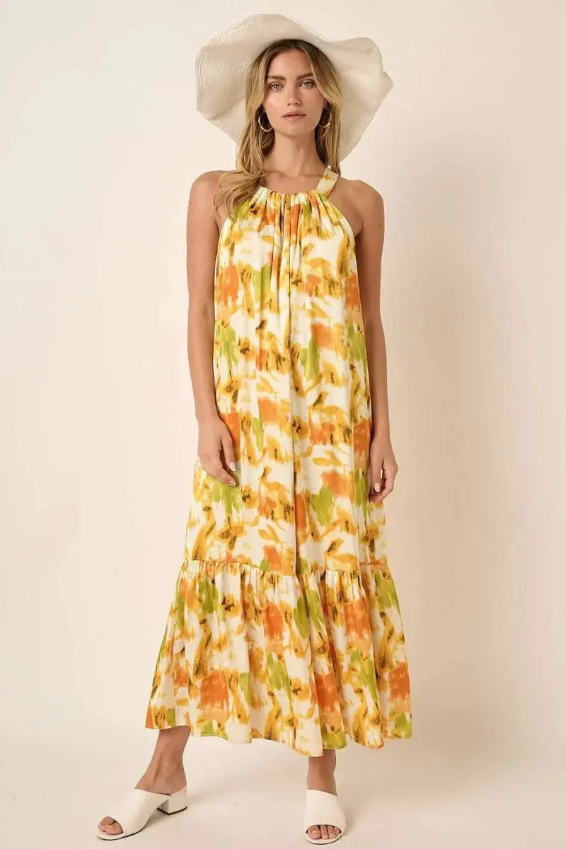 Mittoshop Watercolor Print Halter Neck Satin Maxi Dress - Love Salve 