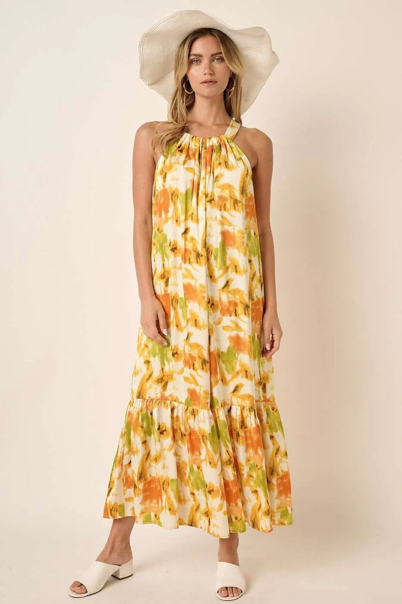 Mittoshop Watercolor Print Halter Neck Satin Maxi Dress - Love Salve 